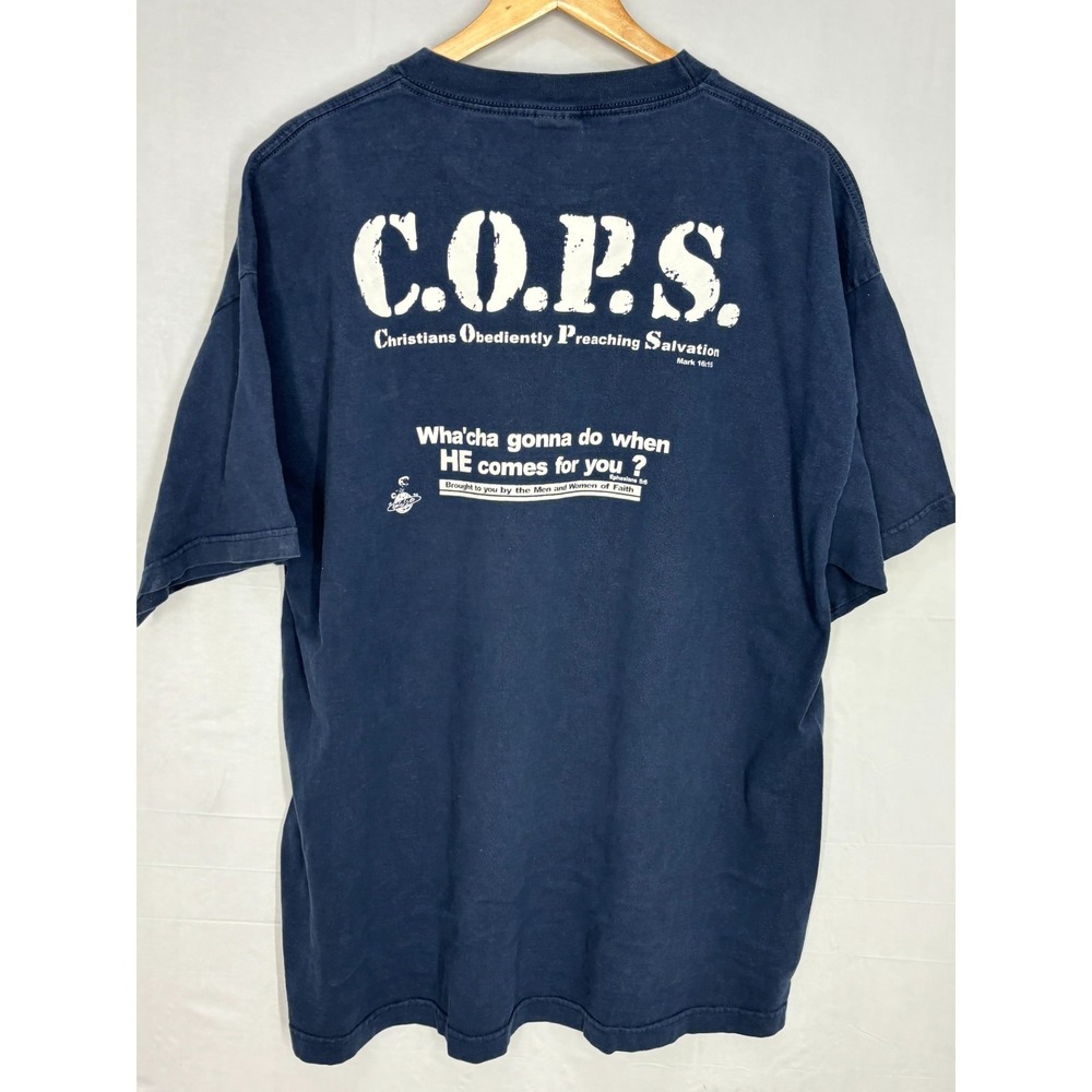 AAA Jesus Bible Verse Shirt Mens Navy Blue C.O.P.S. Graphic Crewneck 2XL Vintage